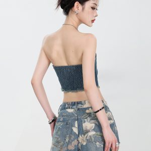 2024 Summer American Style Spicy Girl Halter Denim Bustier Top Women's Designer Short Vest - Trendy Y2K Fashion