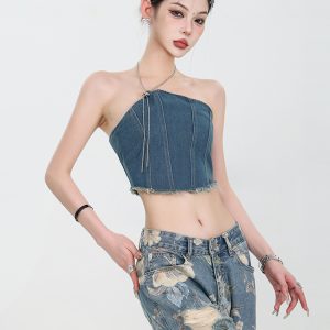 2024 Summer American Style Spicy Girl Halter Denim Bustier Top Women's Designer Short Vest - Trendy Y2K Fashion