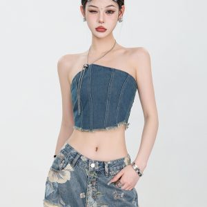 2024 Summer American Style Spicy Girl Halter Denim Bustier Top Women's Designer Short Vest - Trendy Y2K Fashion