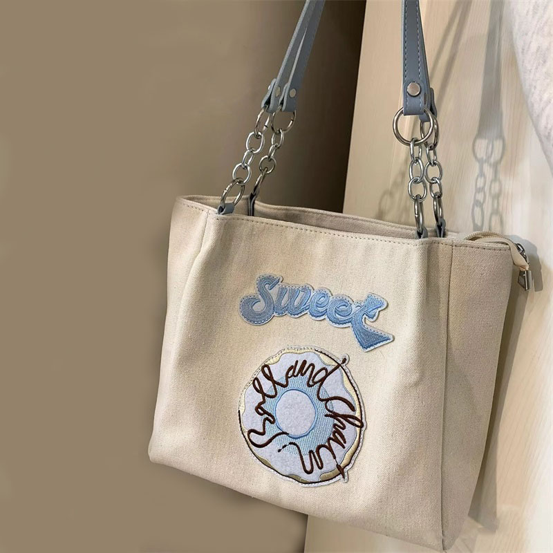 2025 Casual Embroidered Donut Tote Bag - Large Capacity Canvas Shoulder Handbag for School, Work, and Daily Commute