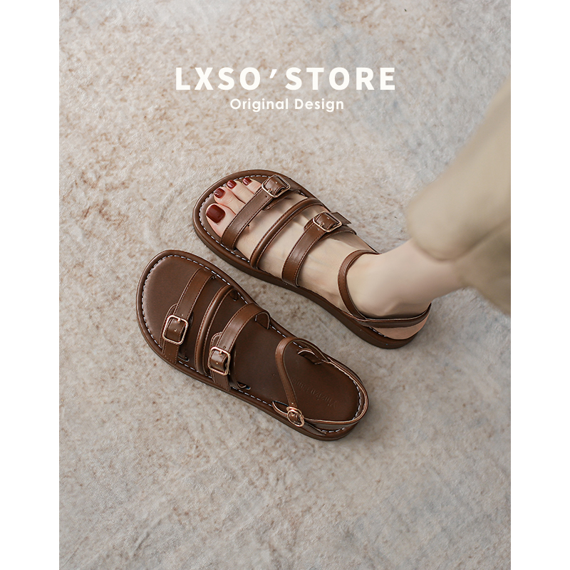 2025 New Style Women's Flat Retro One-Strap Roman Sandals - Genuine Leather Soft Sole Summer Outdoor Shoes with Belt Buckle
