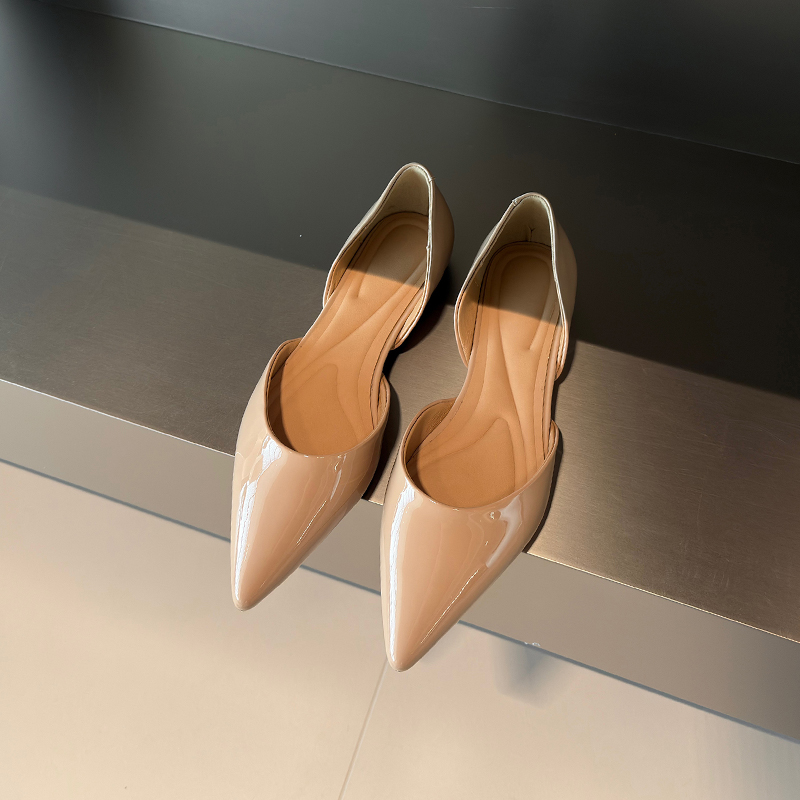 2025 Spring Handmade Genuine Leather Pointed Side Cutout Flat Shoes for Women - Sexy Korean Style Elegant Design