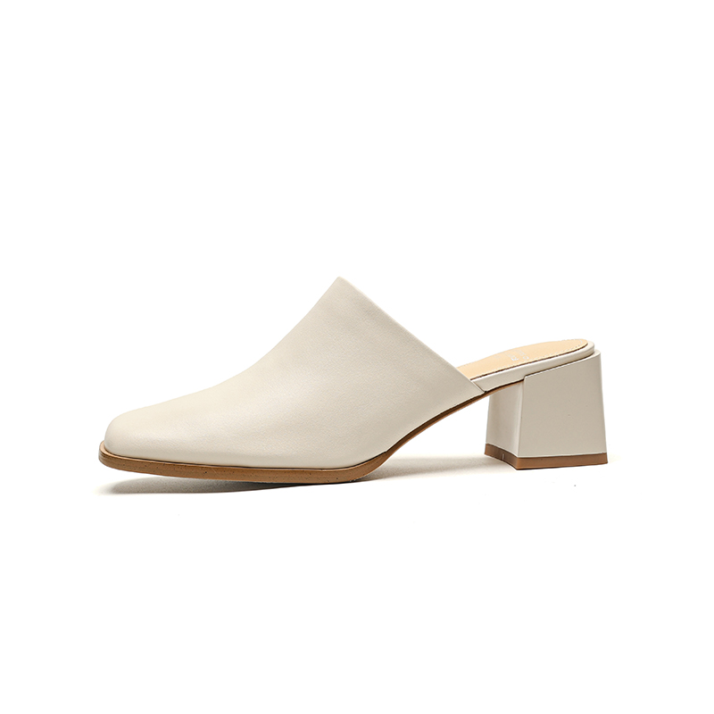 2025 Summer High Heel Chunky Slippers for Women - Square Toe Slip-On Half Slippers in Top Layer Cowhide for Outdoor Style