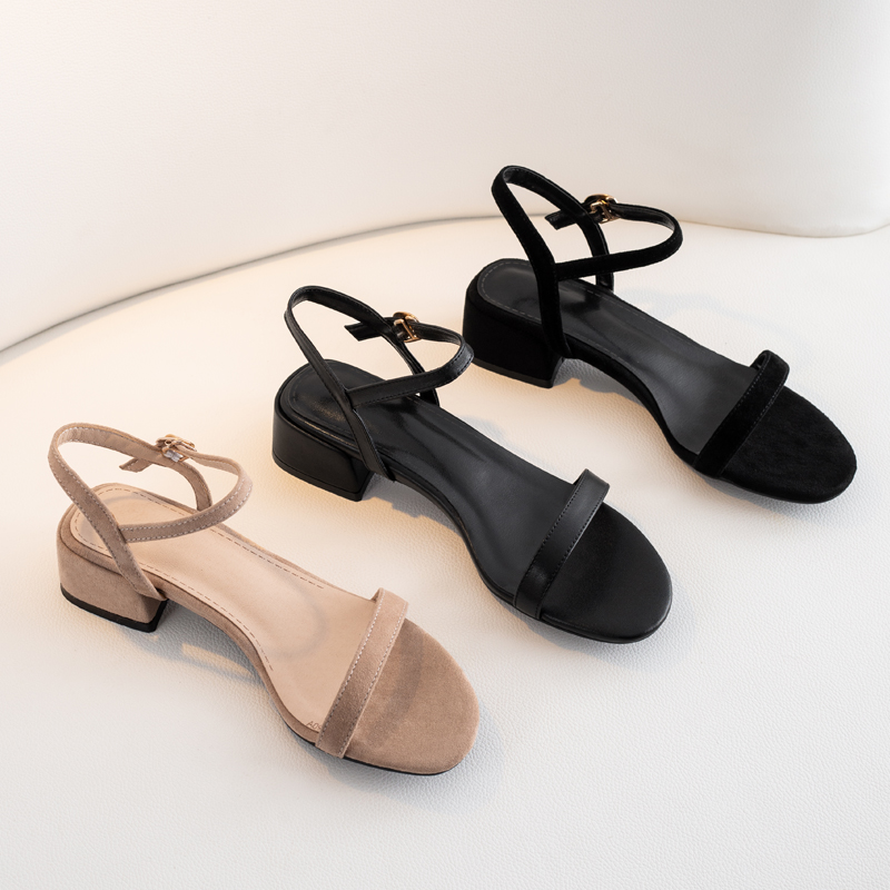 2025 Summer Roman Genuine Leather One-Strap Chunky Heel Sandals for Women - Versatile Fairy Style in Black, Size 41