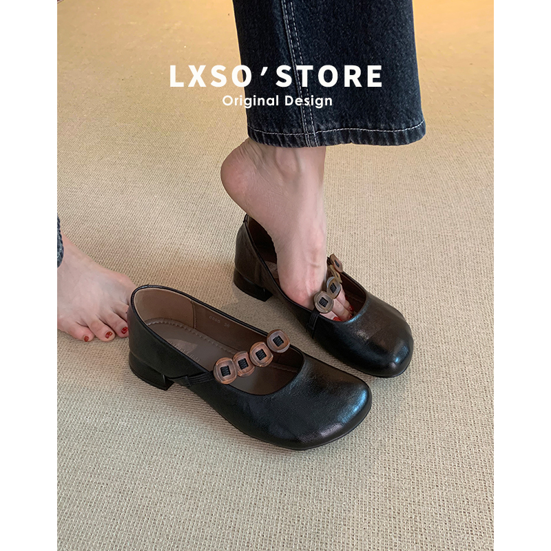 2025 Summer Women's French-Style Genuine Leather Mary Jane Ballet Flats with Chunky Heel - Trendy Shallow Mouth Design