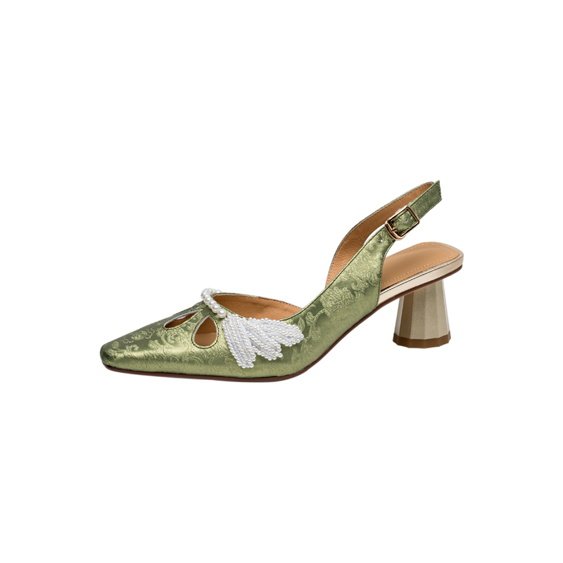 2025 Summer Women's High Heeled Chunky Open Back Sandals - First Layer Cowhide, Pearl Detail, Embroidered National Style