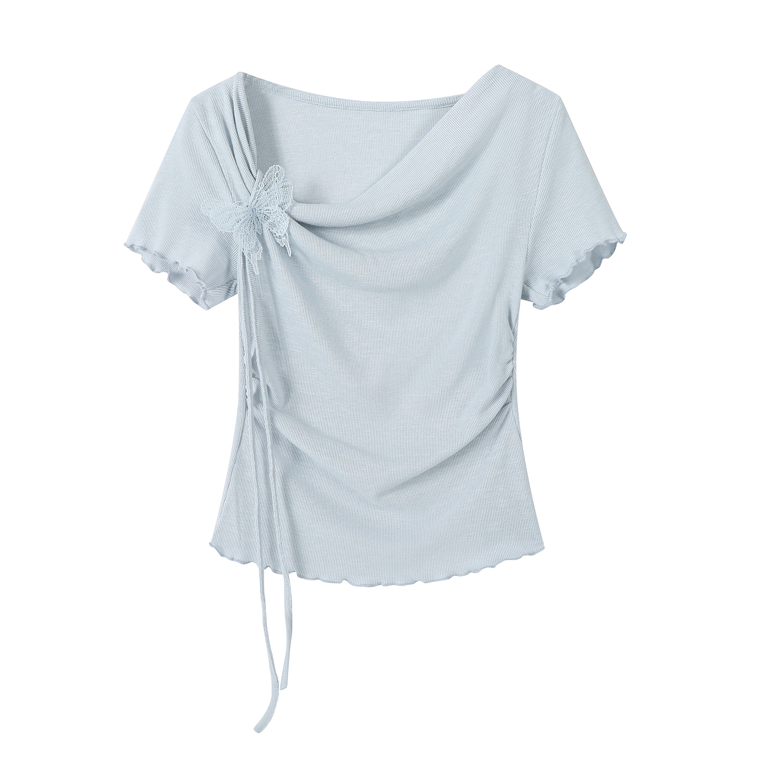 3D Butterfly Blue Off-Shoulder Top - Unique Waist-Cinched Blouse, Stylish Women's T-Shirt for Y2K and Casual Looks