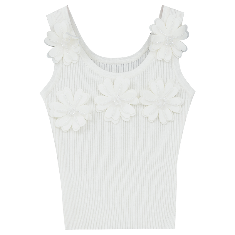 3D Flower White Knitted Camisole for Women - Summer Sleeveless Top with Heavy Craft Design, Perfect for Y2K Fashion