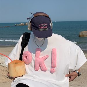 3D OK Letter Short Sleeve T-Shirt for Men and Women, Loose Fit Unisex Summer Tee, Vintage-Inspired Casual Wear
