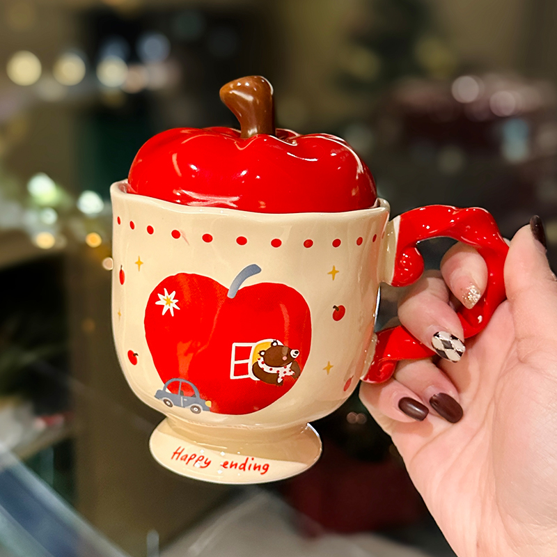 Adorable Apple Ceramic Mug with Lid and Spoon, High-Foot Design, Perfect Gift for Best Friends, Cute Kitchenware for Girls