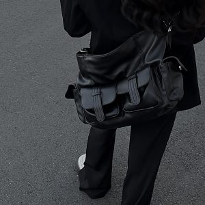American Retro Black Slouchy Motorcycle Crossbody Bag - Large Capacity Tote for Girls, Trendy Y2K Style
