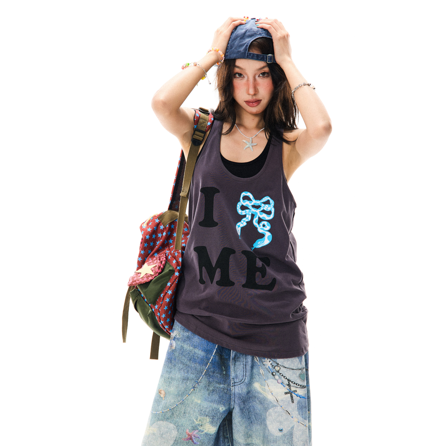 American Retro Bow Tie Tank Top for Women - Summer Casual Mid-Length Sleeveless Top, Y2K Style