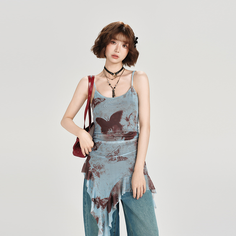 American Retro Butterfly Strap Dress for Women - Summer Mesh Floating Ribbon Design, Slim Fit, Girly Style