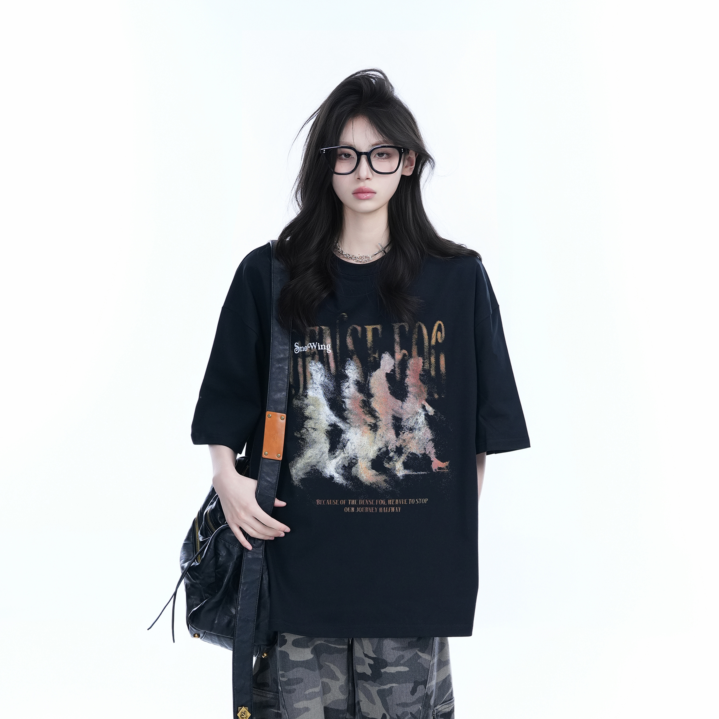 American Retro Character Black Short-Sleeve T-Shirt for Women - Summer Heavy Loose Round Neck Trendy Tee