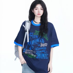 American Retro Color-Block Round Neck Short Sleeve T-Shirt for Women - Loose Fit Summer Style, Casual Couple Top