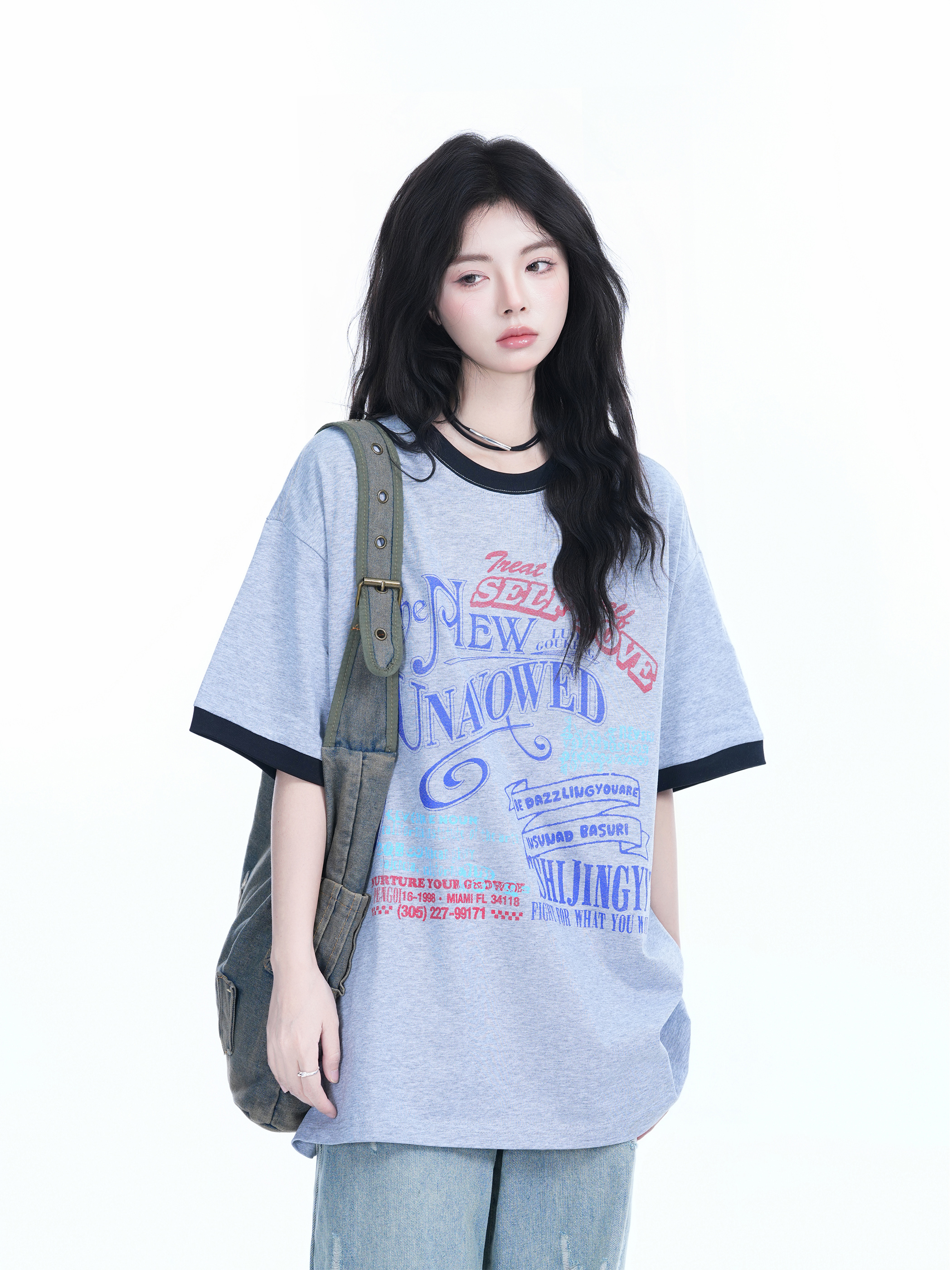 American Retro Color-Block Round Neck Short Sleeve T-Shirt for Women - Loose Fit Summer Style, Casual Couple Top