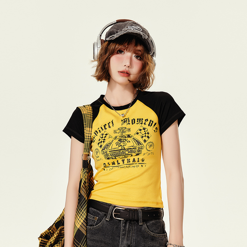 American Retro Color-Blocked Short-Sleeve T-Shirt for Women, Summer Spicy Girl Cropped Fitted Top, 90s Y2K Style