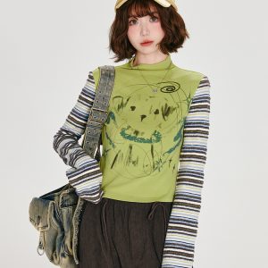 American Retro Color-Blocked Striped Long Sleeve T-Shirt for Women - Fitted High-Neck Autumn Style Top