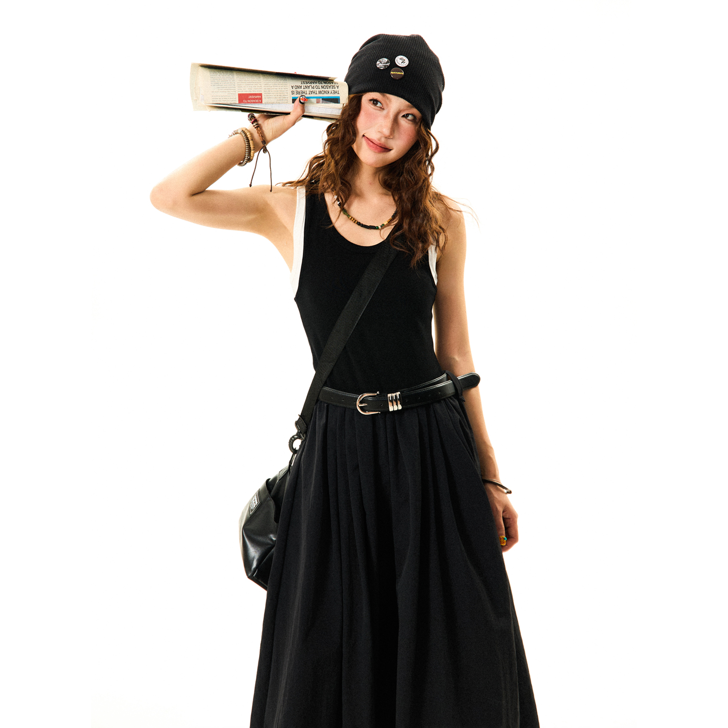 American Retro Color-Blocking A-Line Dress for Women, Summer Slim Fit Long Dress, Vintage 90s Style Fashion