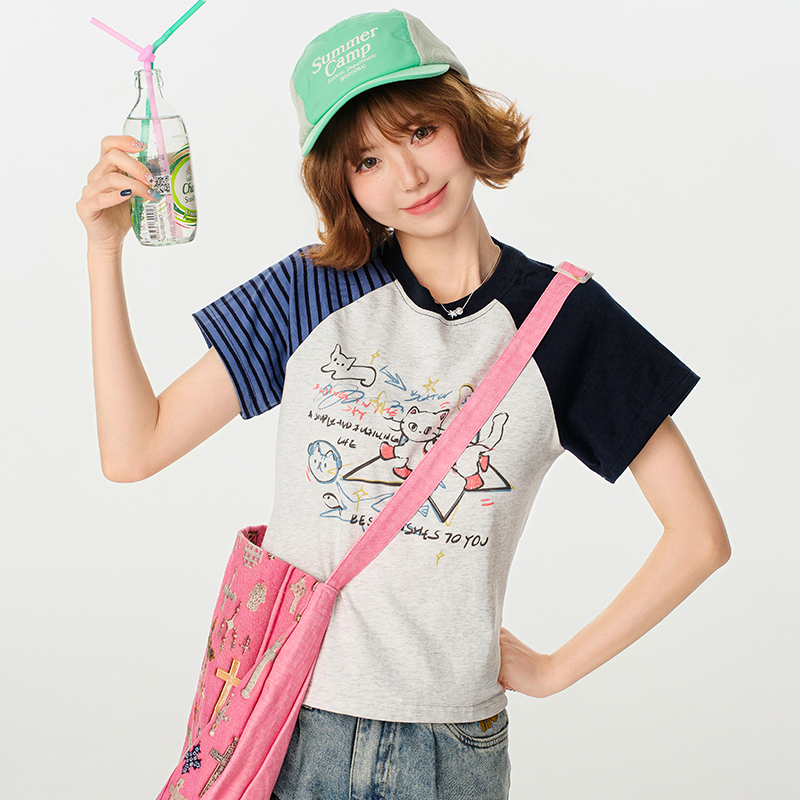 American Retro Color-Blocking Printed Raglan Short Sleeve T-Shirt for Women - Slim Fit Casual Summer Top