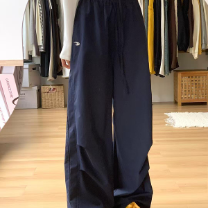 American Retro Dark Blue Wide-Leg Cargo Pants for Women - Casual Straight-Leg Sports Trousers with Drawstring, Floor-Length for Spring Autumn