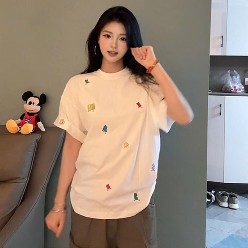 American Retro Embroidered Puzzle Graphic Short Sleeve T-Shirt for Women - Trendy Summer Couple Top, High-End Fashion