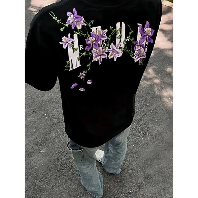 American Retro Embroidered Vine Floral Short Sleeve T-Shirt for Women - Trendy Oversized Summer 2025 High Street Style