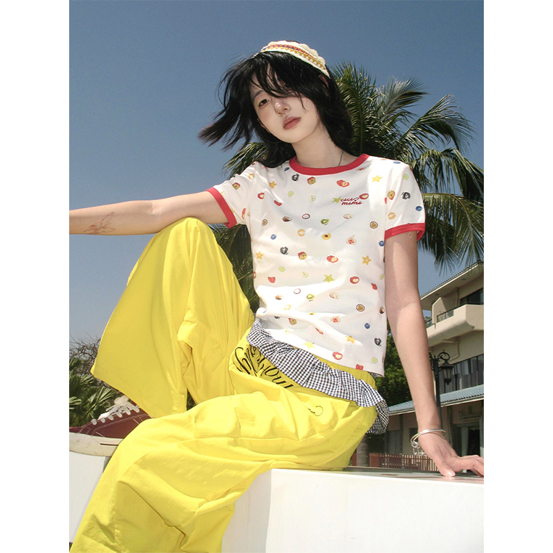 American Retro Fruit Print Color-Block Short Sleeve T-Shirt for Women - Slim Fit Round Neck College Style Summer Top