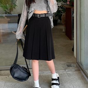 American Retro Gray Pleated Skirt - Women's Mid-Length A-Line College Style for Spring & Summer Plus Size Fashion