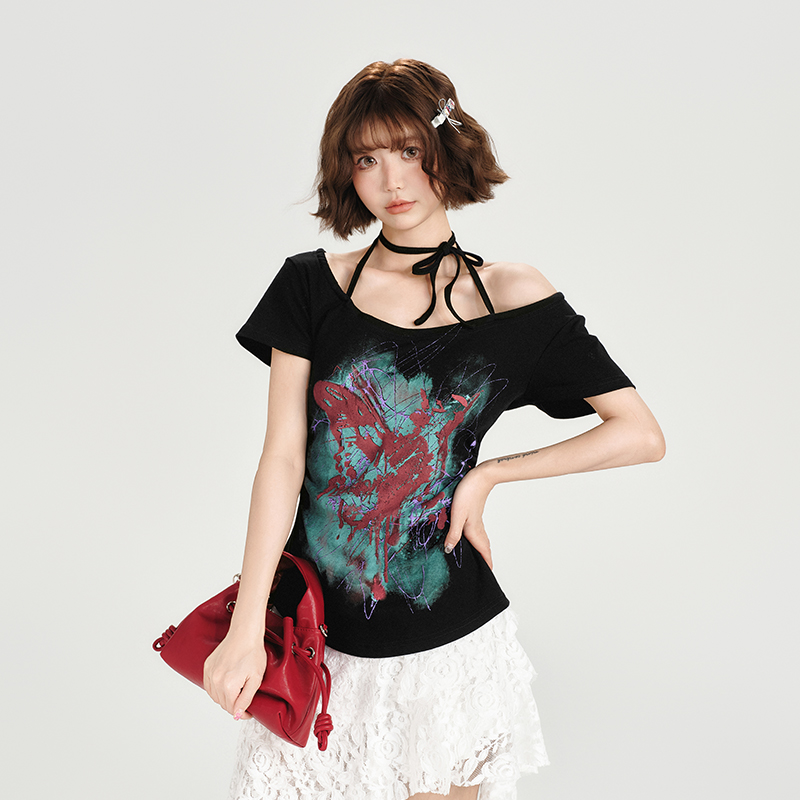 American Retro Halter One-Shoulder Short Sleeve T-Shirt for Women - Slim Fit Flattering Top, Summer Style for Trendy Girls