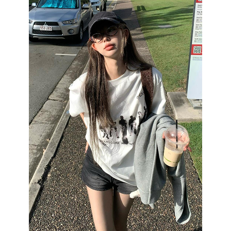 American Retro Hand-Drawn Couple Portrait Oversized T-Shirt for Women - Summer Short Sleeve Pure Cotton Loose Top