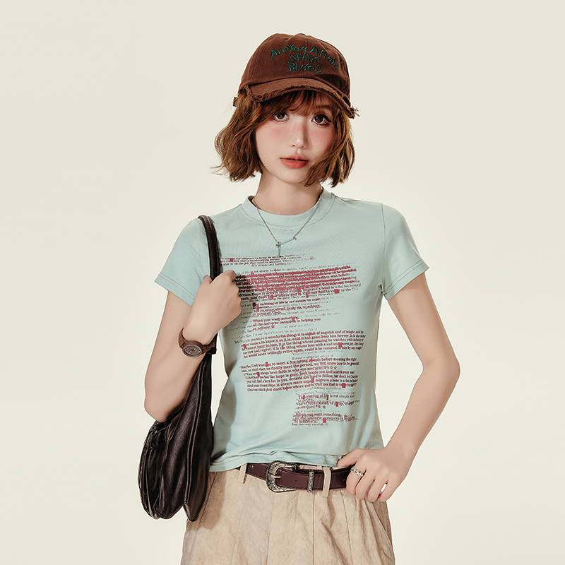 American Retro Letter Print Short Sleeve T-Shirt for Women – Slim Fit Summer Top in Girly Style