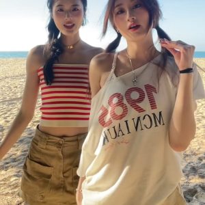 American Retro Off-Shoulder T-Shirt for Women, Summer Letter Print, Oversized Loose Short Sleeve, Trendy Y2K Shoulder-Baring Top