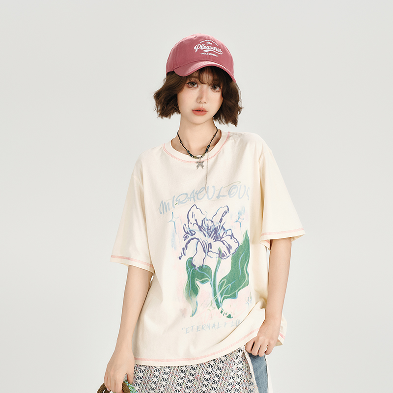 American Retro Plant Print Short Sleeve T-Shirt for Women - Summer Casual Loose Fit Top, Girly Style, Vintage Inspired