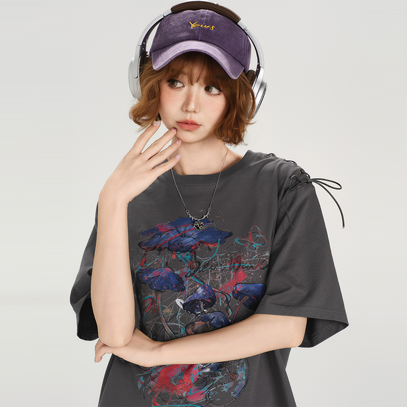American Retro Round Neck Short Sleeve T-Shirt for Women - Summer Tie Design Loose Slimming Top - Y2K Chic
