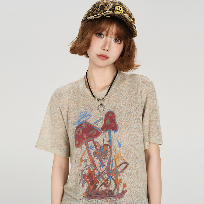 American Retro Short Sleeve T-Shirt for Women - Summer Casual Round Neck Top, Printed Loose-Fitting Slimming Style