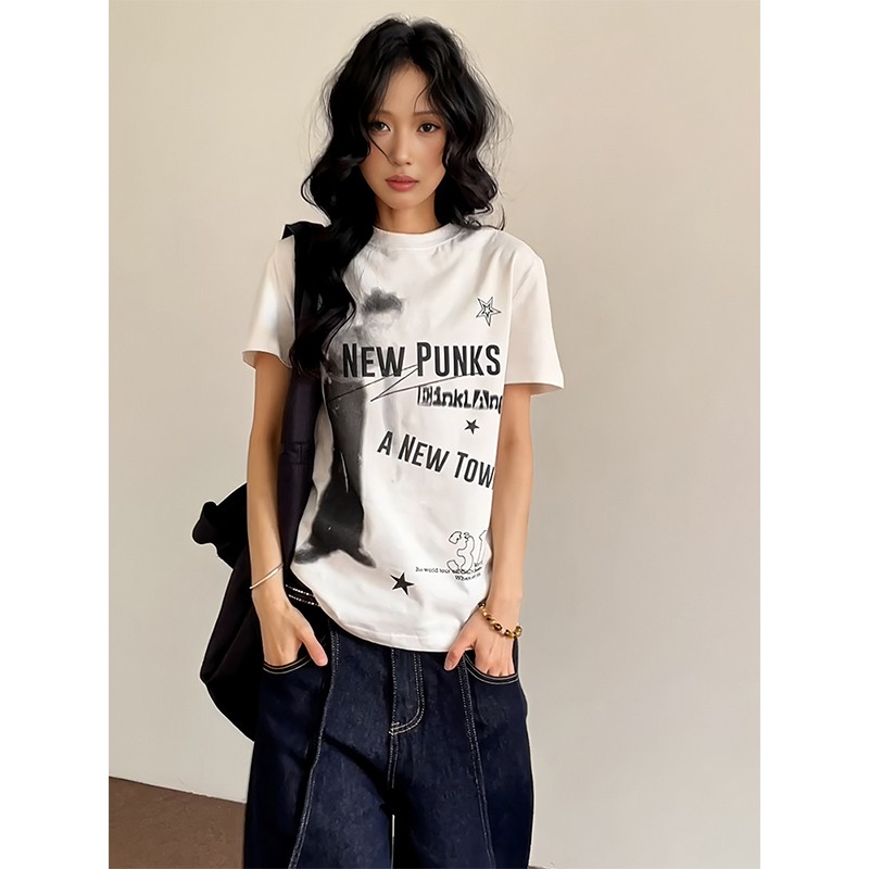 American Retro Short Sleeve T-Shirt for Women, Summer Punk Letter Print, Slim Fit Versatile Top, Y2K Trendy Style