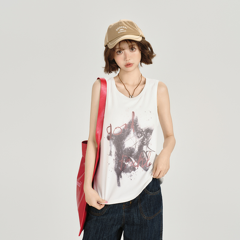 American Retro Sleeveless Tank Top for Women - Summer Casual Printed T-Shirt, Loose Fit Slimming Style