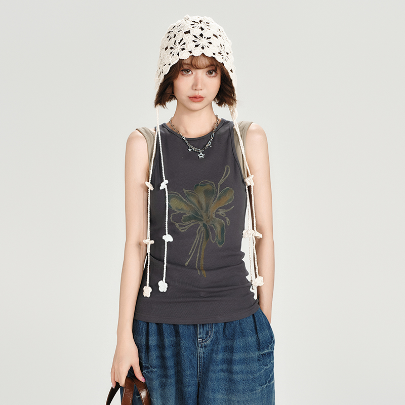 American Retro Spicy Girl Sleeveless T-Shirt Vest - Summer Slim Fit Fake Two-Piece Top for Women