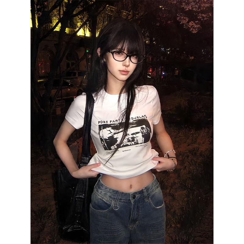 American Retro Spicy Girl T-Shirt for Women, Summer Band Print, Round Neck, Short Sleeve, Slim Fit, Trendy 90s Style Top