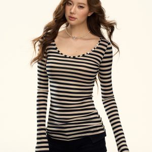 American Retro Striped Long Sleeve T-Shirt for Women - Spring Spicy Girl Slim Fit Base Layer Top, Y2K Inspired Fashion