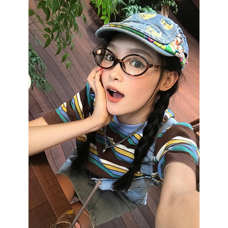 American Retro Striped Short Sleeve Casual Color-Blocking T-Shirt for Women - Summer Loose Fit College Style Top