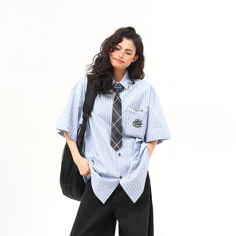 American Retro Vertical Striped Short-Sleeve Shirt for Women with Embroidered Letters - Artistic College Style Top