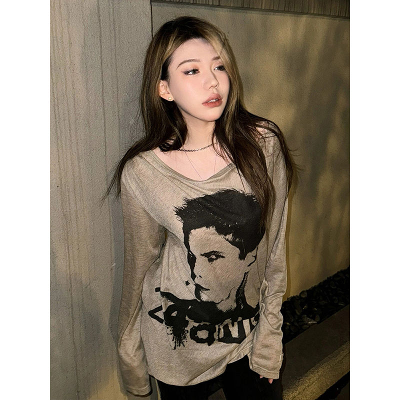 American Street Style Long Sleeve Women's Summer Portrait Print Sun Protection Loose T-Shirt Top for Hot Girls