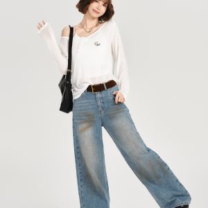 American-Style Oversized Round Neck Sheer Pullover Top for Women - Embroidered Spicy Girl Summer Fashion