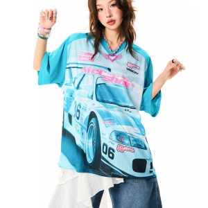 American-Style Racing Graphic V-Neck Short Sleeve T-Shirt for Women - Summer Mesh Breathable Loose Fit Jersey Top