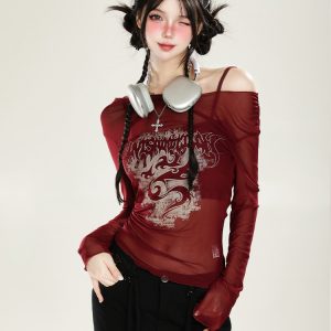 American-Style Red Off-Shoulder Mesh Cover-Up Two-Piece Set for Women - Sweet & Spicy Spring/Summer Sun Protection Long Sleeve Top