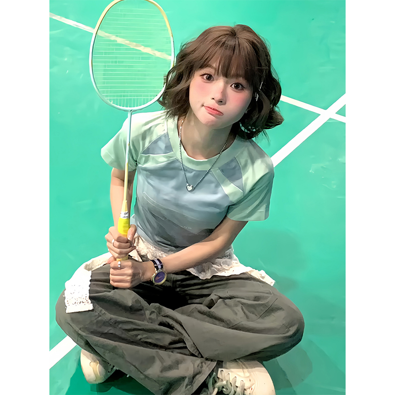 American Vintage Color-Blocked Jersey T-Shirt for Women, Summer Raglan Short Sleeve College Style Sporty Top