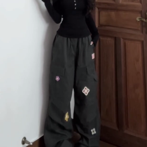 American Vintage Embroidered Cargo Pants for Women - Military Green, Loose-Fitting Straight-Leg Wide-Leg for Street Dance & Jazz Dance