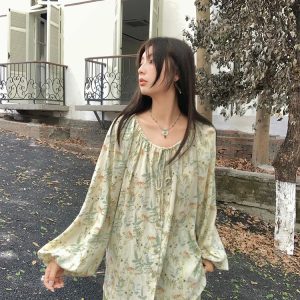 Apricot Retro Linen Shirt for Women - Spring Loose Lantern Sleeve Top in Forest Style, Vintage Herb Rosemary Design